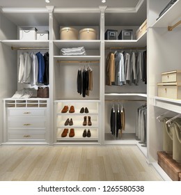 3d Rendering Luxury Scandinavian Wood Walk In Closet With Wardrobe