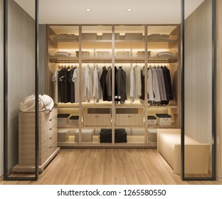 3d Rendering Luxury Scandinavian Wood Walk In Closet With Wardrobe