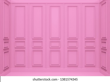 3d Rendering. Luxury Sweet Soft Pink Classical Pattern Wood Wall Corner Room  Background.