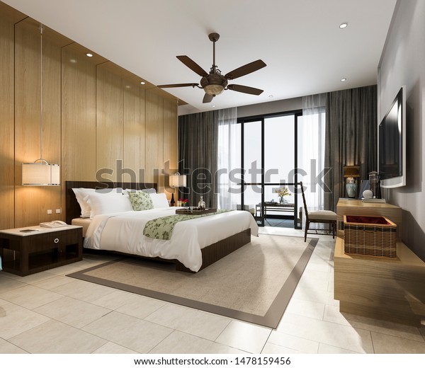 3d Rendering Luxury Tropical Bedroom Suite Stock