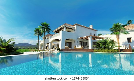 3d Rendering Luxury Villa With Swimming Pool And Palm Tree