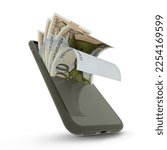 3D rendering of Macedonian Denar notes inside a mobile phone. money coming out of mobile phone