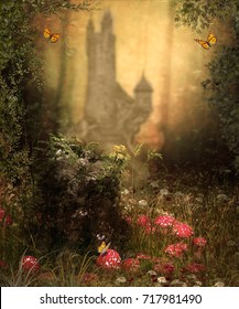 3D rendering of a magical fairy forest opening with a castle in the background.