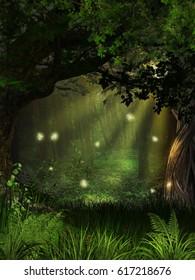 3D rendering of a magical firefly gathering in the woods.
