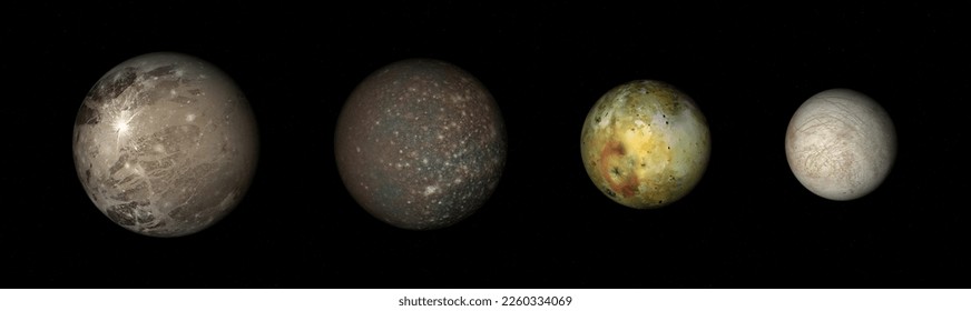 3D rendering of the main moons of Jupiter: Ganymede, Callisto, Io and Europa.