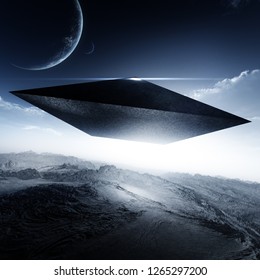 3D rendering of majestic alien space craft with pyramid shape hovering on top of an epic fantasy landscape environment 