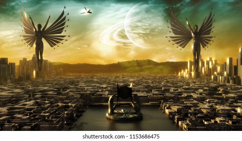 3D rendering of a majestic concept cityscape with giant angel statues and gold covered buildings with epic sunset and celestial elements