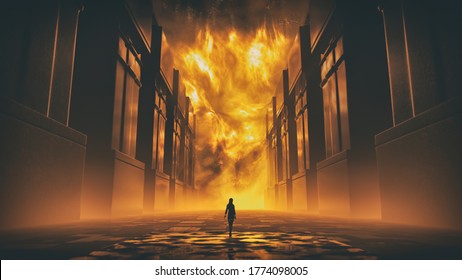 3D rendering of majestic gates of hell at the end of the universe with a young fantasy woman figure approaching to it