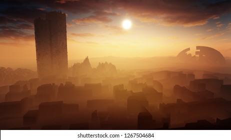 3D rendering of a majestic science fiction concept city with epic celestial sky environment during a glorious sunset 