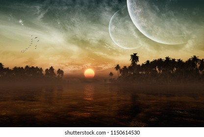 3D rendering of majestic sky over deep and calm ocean surrounded with epic and dreamy environment 