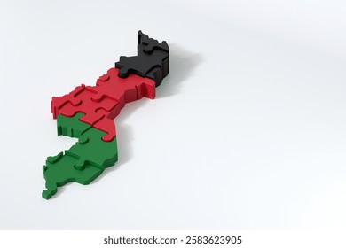 3d rendering of Malawi map puzzle with flag colors on white background with copy space