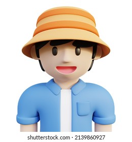 3d Rendering Male Character Profile Or Avatar Happy Young Man With Bucket Hat And Blue Clothes, Good For Character Profile In Web Design