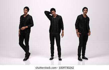 3D Rendering : A Male Model Is Standing And Wearing The Modern Style Outfit, Black Jacket, T-shirt, Jeans And Beanie