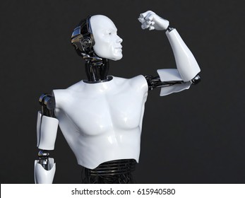 3D rendering of male robot flexing his bicep muscle. Dark background.