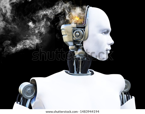 頭から煙が出て壊れたり 精神的に衰弱したりする男性ロボットの3dレンダリング 黒い背景 のイラスト素材