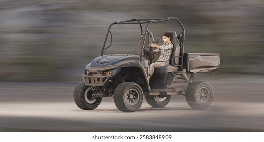 3d rendering - Man driving an off-road utility vehicle.