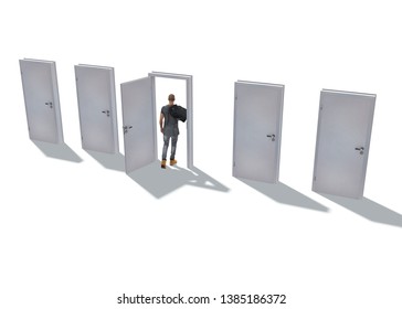 3D rendering: a man enters through the open door among other closed