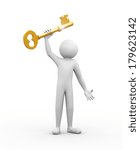 3d rendering of man holding large shiny golden key. 3d white people man character.