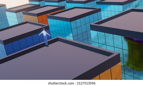 3D rendering, man stands on the roof of a skyscraper
