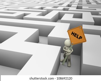 3d rendering of man trap in the maze holding help sign board, 3d illustration of human character