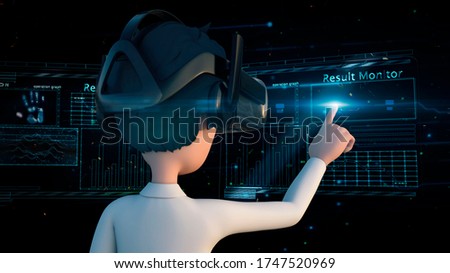 3D rendering man wear oculus simulation google and touch hologram monitor digital effect include digital background from behide man camera view
