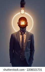 3D rendering of a man wearing a costume with a lightbulb in his head - Shutterstock ID 2208321731