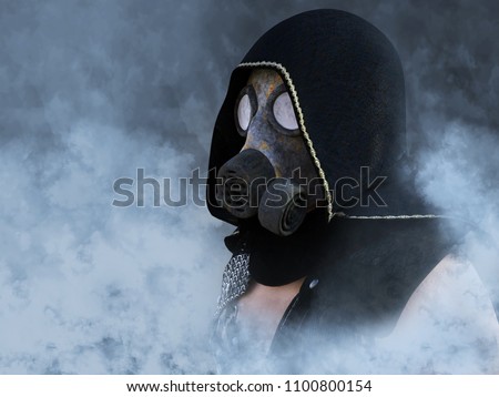 3D rendering of a man wearing a gas mask surrounded by smoke in a polluted futuristic dystopian world.