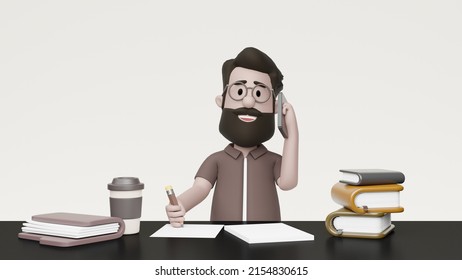 3D Rendering Man Working Freelancer Desk 