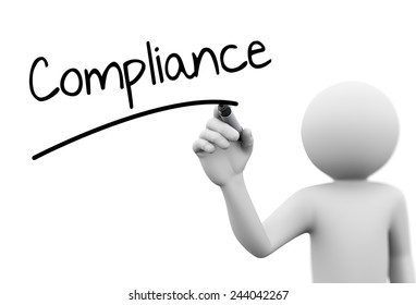 3d rendering of man writing compliance  with marker on transparent glass screen. 3d white people character