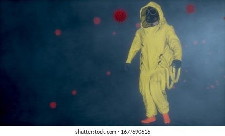 3D rendering. Man in a yellow hazmat suit walks through futuristic viruses. Man with bacteriological protection suit. Coronavirus, SARS-nCOV-2, COVID-19, 2019-nCOV alert. biohazard concept.