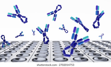 A 3d rendering of manipulation or study of IgE molecules using an ELISA or a similar microplate-based technique. The allergic diagnostics or molecular biology research involving IgE.