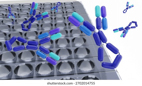 A 3d rendering of manipulation or study of IgE molecules using an ELISA or a similar microplate-based technique. The allergic diagnostics or molecular biology research involving IgE.