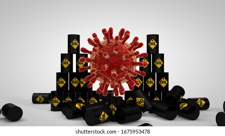 3D Rendering Of Many Barrels Of Oil And A Red Virus That Destroys The Established Order. The Idea Of An Oil Industry Disaster From A Coronavirus. The Image Is Isolated On A White Background.