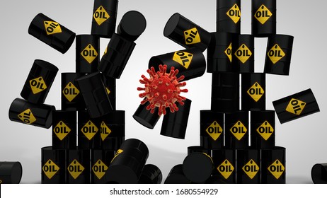 3D Rendering Of Many Barrels Of Oil And A Red Virus That Destroys The Established Order. The Idea Of An Oil Industry Disaster From A Coronavirus. The Image Is Isolated On A White Background.