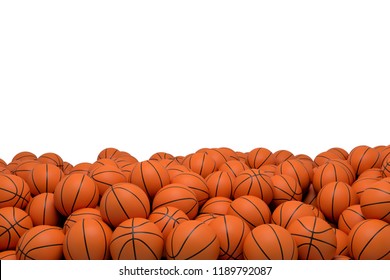 3d Rendering Of Many Basketball Balls Lying In A Huge Pile On A White Background. Sport And Recreation. Exercise Gear. Fun And Games.