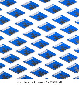 3d rendering of many isometric blue floppy disks. Repeated objects pattern. Retro technology on white background.