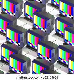 3d Rendering Of Many Isometric TVs With Test Image On Screen. Repeated Objects Pattern. Retro Technology On White Background.
