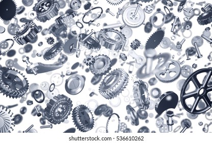 3D rendering of many mechanical parts in different planes on a white background