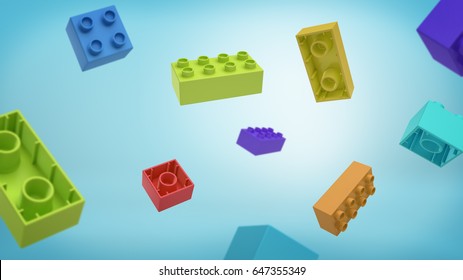 3d Rendering Of A Many Multicolored Rectangle Toy Blocks Building Blocks Falling From Above On Blue Background. Building Blocks. Toy Sets. Originality And Nonconformity.