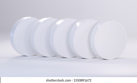 3d rendering of many white  cardboard round containers for  cheese.  Realistic products packaging mockup with soft shadows
