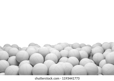 3d Rendering Of Many White Volleyball Balls Lying In A Big Pile On A White Background. Volleyball Gear. Summer Sport. Amateur Summer Game.