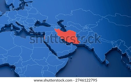 3D rendering of a map of the Middle East, marking Israel and Iran. Map showing the conflict between Israel and Iran. 

**For the reviewers: This is the result of a 3D program called Blender. This is not AI work.