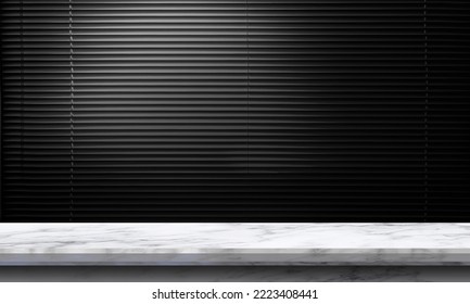 3d Rendering Of A Marble Desk Mockup Against The Background Of A Black Window Blinds