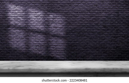 3d Rendering Of A Marble Desk Mockup Against The Background Of A Black Brick Wall With White Sun Rays From The Window