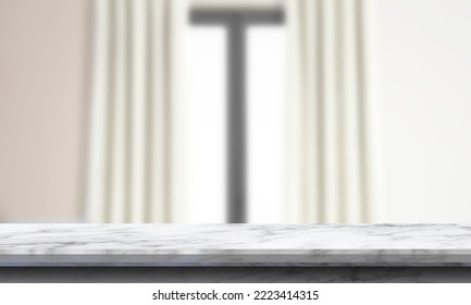 3d Rendering Of A Marble Desk, Mockup Against The Background Of A Window With White Curtains