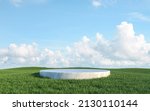 3D Rendering of marble podium backdrop with grass field and sky background.