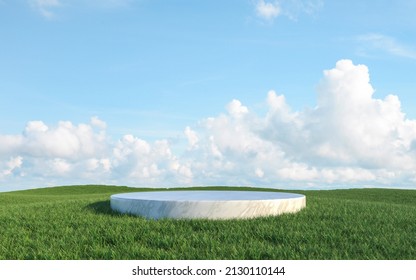 3D Rendering Of Marble Podium Backdrop With Grass Field And Sky Background.