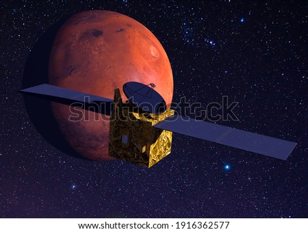 3D rendering Mars Mission Probe with Mars behind 
