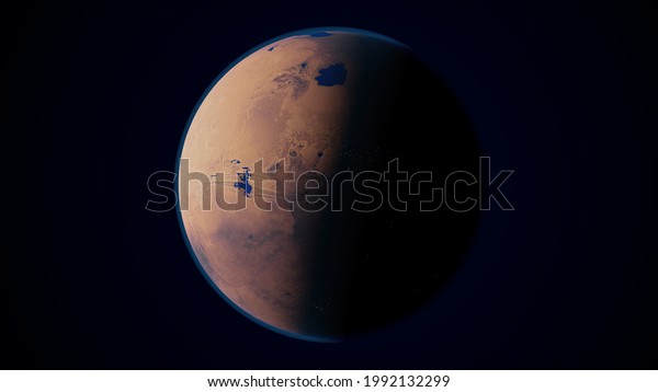 3d rendering of a Mars planet with city\
lights, lakes and\
atmosphere