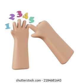 3D Rendering Of Math Hand Of Kid Counting Finger Back To School Isolated On White Background. 3d Render Illustration Cartoon Style.